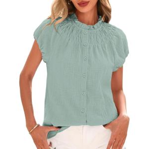 imageBTFBM Womens Casual Tops Dressy Summer Outfits 2025 Puff Short Sleeve Blouse Ruffle Neck Business Work Button Down ShirtBean Green