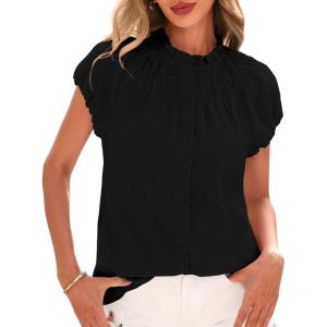 imageBTFBM Womens Casual Tops Dressy Summer Outfits 2025 Puff Short Sleeve Blouse Ruffle Neck Business Work Button Down ShirtBlack