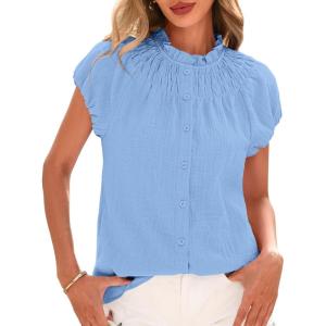 imageBTFBM Womens Casual Tops Dressy Summer Outfits 2025 Puff Short Sleeve Blouse Ruffle Neck Business Work Button Down ShirtBlue