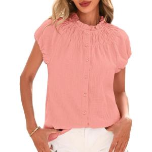 imageBTFBM Womens Casual Tops Dressy Summer Outfits 2025 Puff Short Sleeve Blouse Ruffle Neck Business Work Button Down ShirtPink