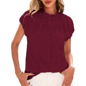 imageBTFBM Womens Casual Tops Dressy Summer Outfits 2025 Puff Short Sleeve Blouse Ruffle Neck Business Work Button Down ShirtWine Red
