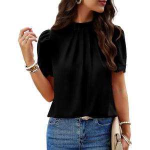 imageBTFBM Womens Dressy Casual Blouses Business Work Tops Lace Trim Short Sleeve Office Shirts 2025 Summer Spring OutfitsBlack