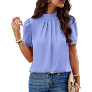 imageBTFBM Womens Dressy Casual Blouses Business Work Tops Lace Trim Short Sleeve Office Shirts 2025 Summer Spring OutfitsBlue