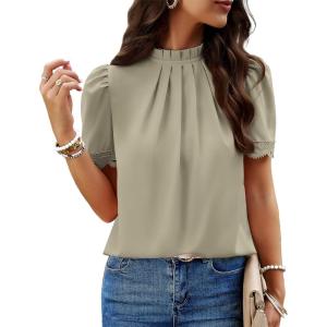imageBTFBM Womens Dressy Casual Blouses Business Work Tops Lace Trim Short Sleeve Office Shirts 2025 Summer Spring OutfitsLight Green