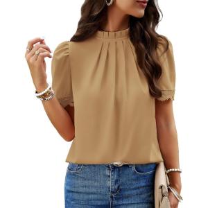 imageBTFBM Womens Dressy Casual Blouses Business Work Tops Lace Trim Short Sleeve Office Shirts 2025 Summer Spring OutfitsLight Khaki