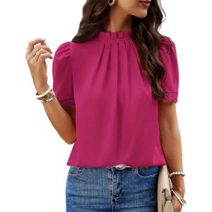 imageBTFBM Womens Dressy Casual Blouses Business Work Tops Lace Trim Short Sleeve Office Shirts 2025 Summer Spring OutfitsRose Red