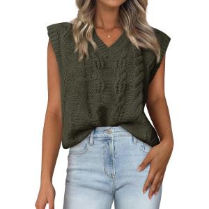 imageBTFBM Womens Oversized Sweater Vest 2025 Summer V Neck Casual Sleeveless Sweaters Loose Cable Knit Pullover TopsArmy Green