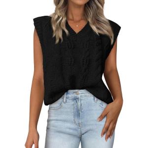imageBTFBM Womens Oversized Sweater Vest 2025 Summer V Neck Casual Sleeveless Sweaters Loose Cable Knit Pullover TopsBlack
