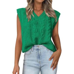imageBTFBM Womens Oversized Sweater Vest 2025 Summer V Neck Casual Sleeveless Sweaters Loose Cable Knit Pullover TopsGreen