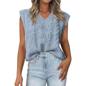 imageBTFBM Womens Oversized Sweater Vest 2025 Summer V Neck Casual Sleeveless Sweaters Loose Cable Knit Pullover TopsLight Blue