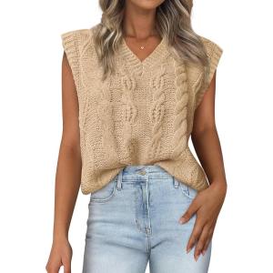 imageBTFBM Womens Oversized Sweater Vest 2025 Summer V Neck Casual Sleeveless Sweaters Loose Cable Knit Pullover TopsLight Khaki