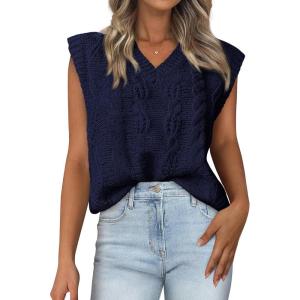 imageBTFBM Womens Oversized Sweater Vest 2025 Summer V Neck Casual Sleeveless Sweaters Loose Cable Knit Pullover TopsNavy