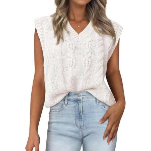 imageBTFBM Womens Oversized Sweater Vest 2025 Summer V Neck Casual Sleeveless Sweaters Loose Cable Knit Pullover TopsWhite