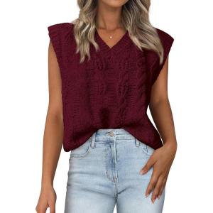 imageBTFBM Womens Oversized Sweater Vest 2025 Summer V Neck Casual Sleeveless Sweaters Loose Cable Knit Pullover TopsWine Red