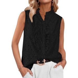 imageBTFBM Womens Sleeveless Button Down Shirts Ruffle V Neck Casual Hollow Out Eyelet Tops Boho Summer Vacation Blouse 2025Black