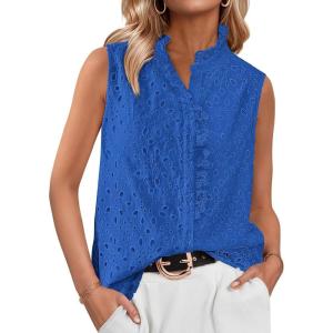 imageBTFBM Womens Sleeveless Button Down Shirts Ruffle V Neck Casual Hollow Out Eyelet Tops Boho Summer Vacation Blouse 2025Blue