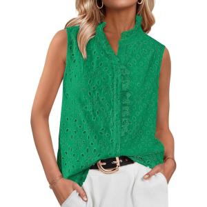 imageBTFBM Womens Sleeveless Button Down Shirts Ruffle V Neck Casual Hollow Out Eyelet Tops Boho Summer Vacation Blouse 2025Green