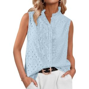 imageBTFBM Womens Sleeveless Button Down Shirts Ruffle V Neck Casual Hollow Out Eyelet Tops Boho Summer Vacation Blouse 2025Light Blue