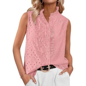 imageBTFBM Womens Sleeveless Button Down Shirts Ruffle V Neck Casual Hollow Out Eyelet Tops Boho Summer Vacation Blouse 2025Pink