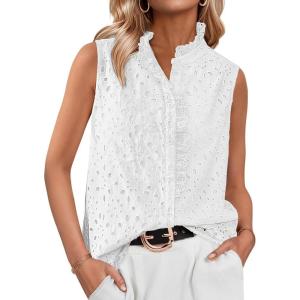 imageBTFBM Womens Sleeveless Button Down Shirts Ruffle V Neck Casual Hollow Out Eyelet Tops Boho Summer Vacation Blouse 2025White