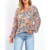 imageBTFBM Boho Blouses for Women Dressy Casual Floral Long Sleeve Shirts V Neck Lightweight Chiffon Summer Spring Tops 2025Multicolor Dark Blue