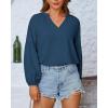 imageBTFBM Boho Blouses for Women Dressy Casual Floral Long Sleeve Shirts V Neck Lightweight Chiffon Summer Spring Tops 2025Solid Blue