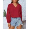 imageBTFBM Boho Blouses for Women Dressy Casual Floral Long Sleeve Shirts V Neck Lightweight Chiffon Summer Spring Tops 2025Solid Red