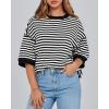 imageBTFBM Women Oversized Striped T Shirts Short Sleeve Summer Tops Casual Loose Crewneck High Low Hem Color Block Y2k TeesBlack White