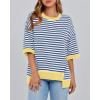 imageBTFBM Women Oversized Striped T Shirts Short Sleeve Summer Tops Casual Loose Crewneck High Low Hem Color Block Y2k TeesBlue White