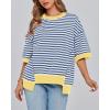 imageBTFBM Women Oversized Striped T Shirts Short Sleeve Summer Tops Casual Loose Crewneck High Low Hem Color Block Y2k TeesBlue White