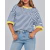 imageBTFBM Women Oversized Striped T Shirts Short Sleeve Summer Tops Casual Loose Crewneck High Low Hem Color Block Y2k TeesBlue White
