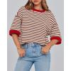 imageBTFBM Women Oversized Striped T Shirts Short Sleeve Summer Tops Casual Loose Crewneck High Low Hem Color Block Y2k TeesBrown White