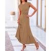 imageBTFBM Women Two Piece Skirt Set Summer 2025 Casual Vacation Crew Neck Short Sleeve Cropped Top Elastic Waist Midi SkirtsSolid Light Brown