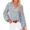 imageBTFBM Boho Blouses for Women Dressy Casual Floral Long Sleeve Shirts V Neck Lightweight Chiffon Summer Spring Tops 2025Print Blue White