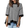 imageBTFBM Women Oversized Striped T Shirts Short Sleeve Summer Tops Casual Loose Crewneck High Low Hem Color Block Y2k TeesBlack White
