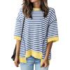 imageBTFBM Women Oversized Striped T Shirts Short Sleeve Summer Tops Casual Loose Crewneck High Low Hem Color Block Y2k TeesBlue White