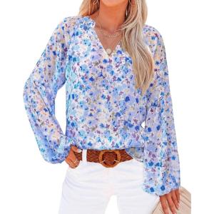 imageBTFBM Boho Blouses for Women Dressy Casual Floral Long Sleeve Shirts V Neck Lightweight Chiffon Summer Spring Tops 2025Floral Dark Blue