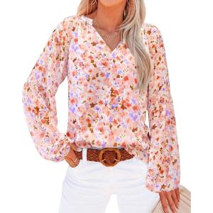imageBTFBM Boho Blouses for Women Dressy Casual Floral Long Sleeve Shirts V Neck Lightweight Chiffon Summer Spring Tops 2025Floral Orange