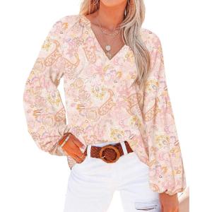 imageBTFBM Boho Blouses for Women Dressy Casual Floral Long Sleeve Shirts V Neck Lightweight Chiffon Summer Spring Tops 2025Floral Print Apricot