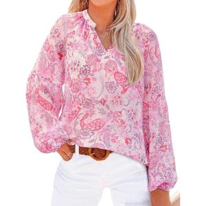 imageBTFBM Boho Blouses for Women Dressy Casual Floral Long Sleeve Shirts V Neck Lightweight Chiffon Summer Spring Tops 2025Floral Print Pink