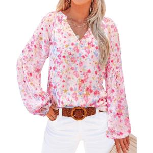 imageBTFBM Boho Blouses for Women Dressy Casual Floral Long Sleeve Shirts V Neck Lightweight Chiffon Summer Spring Tops 2025Floral Red