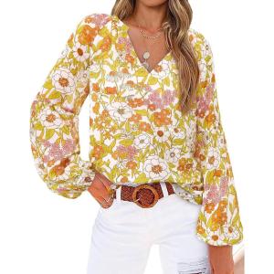 imageBTFBM Boho Blouses for Women Dressy Casual Floral Long Sleeve Shirts V Neck Lightweight Chiffon Summer Spring Tops 2025Floral Yellow