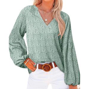 imageBTFBM Boho Blouses for Women Dressy Casual Floral Long Sleeve Shirts V Neck Lightweight Chiffon Summer Spring Tops 2025Leopard Green
