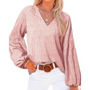 imageBTFBM Boho Blouses for Women Dressy Casual Floral Long Sleeve Shirts V Neck Lightweight Chiffon Summer Spring Tops 2025Leopard Pink
