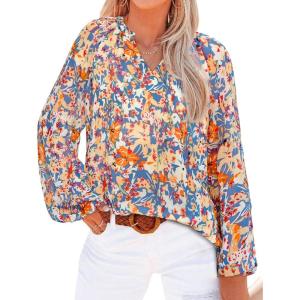 imageBTFBM Boho Blouses for Women Dressy Casual Floral Long Sleeve Shirts V Neck Lightweight Chiffon Summer Spring Tops 2025Multicolor Dark Blue