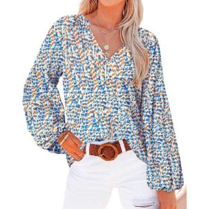 imageBTFBM Boho Blouses for Women Dressy Casual Floral Long Sleeve Shirts V Neck Lightweight Chiffon Summer Spring Tops 2025Print Blue White