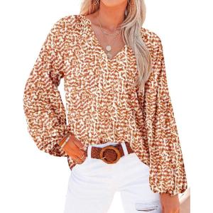 imageBTFBM Boho Blouses for Women Dressy Casual Floral Long Sleeve Shirts V Neck Lightweight Chiffon Summer Spring Tops 2025Print Orange