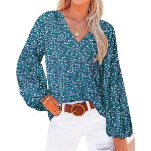 imageBTFBM Boho Blouses for Women Dressy Casual Floral Long Sleeve Shirts V Neck Lightweight Chiffon Summer Spring Tops 2025Print Purple Green