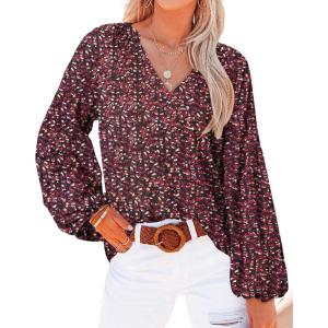 imageBTFBM Boho Blouses for Women Dressy Casual Floral Long Sleeve Shirts V Neck Lightweight Chiffon Summer Spring Tops 2025Print Red Black