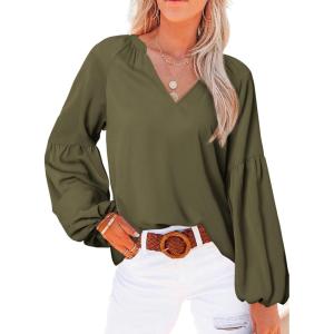 imageBTFBM Boho Blouses for Women Dressy Casual Floral Long Sleeve Shirts V Neck Lightweight Chiffon Summer Spring Tops 2025Solid Army Green